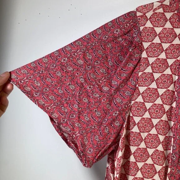 Womens Lucky Brand Short Sleeve Blouse Peep Hole Front XL Orange Cream XL Viscos - Picture 4 of 8